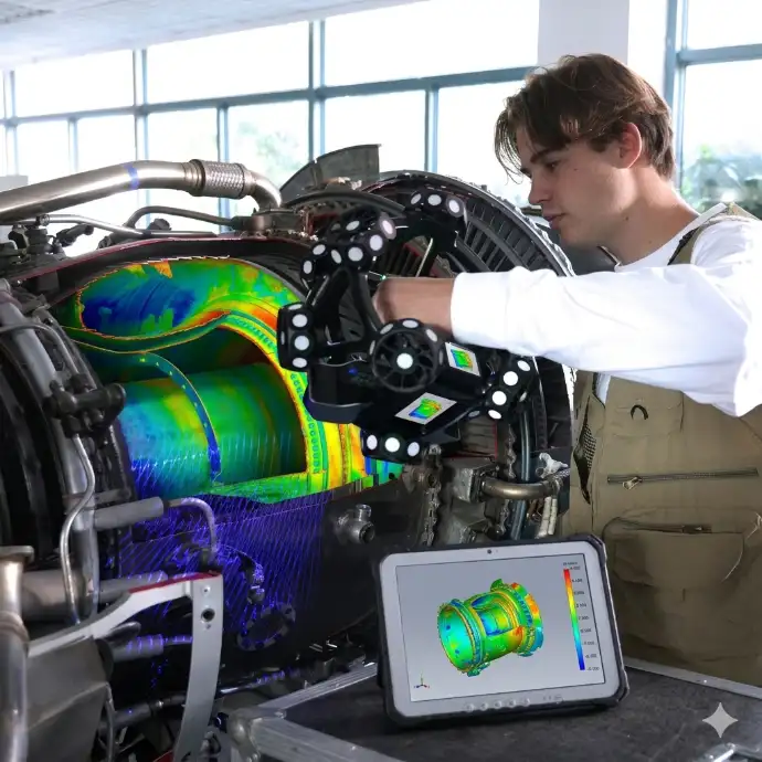 Ingénieur inspectant un moteur d'avion avec un scanner 3d scanology