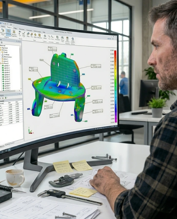 un technicien vérifiant sur polyworks la qualité de la fabrication de la pièce industrielle réalisée en atelier