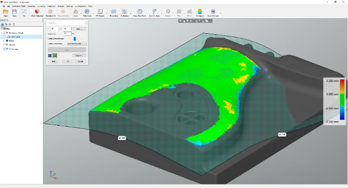 Un objet remodelisé dans Quicksurface et qui est analysé pour vérifier la déviation de la rétroconception