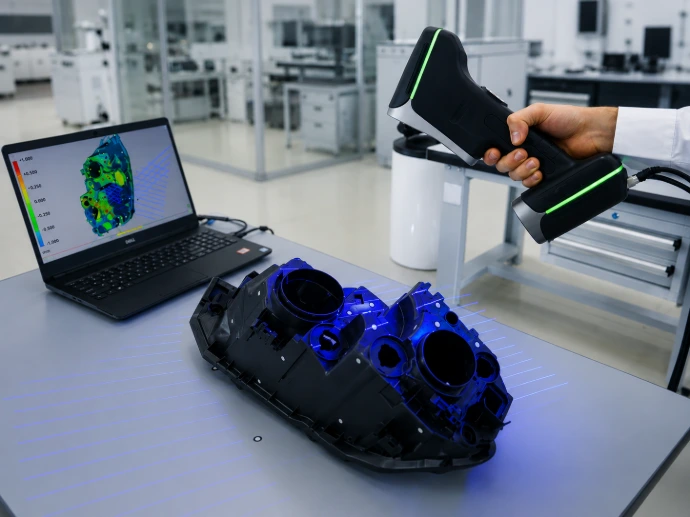 Un technicien réalisant le scan 3d d'une pièce en injection plastique pour inspection qualité