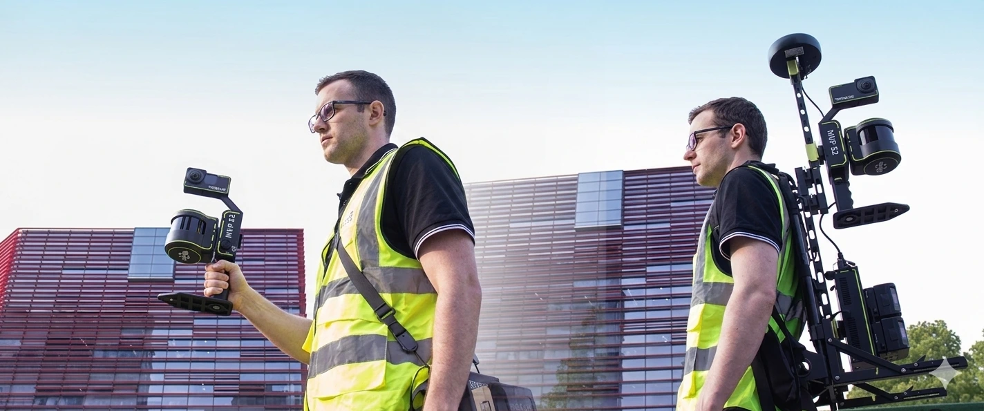 Technicien Triskan réalisant un scan 3d d'un quartier avec un scanner 3d d'environnement Tersus
